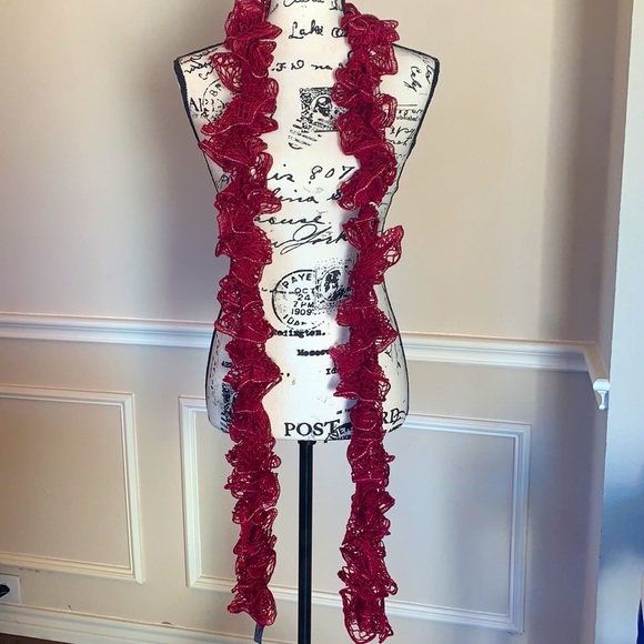 ♥️ Crochet Lace Scarf Maroon/Red w Silver Shimmer - Picture 5 of 7